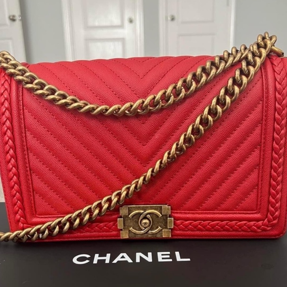 Large red cavier Chanel boy bag